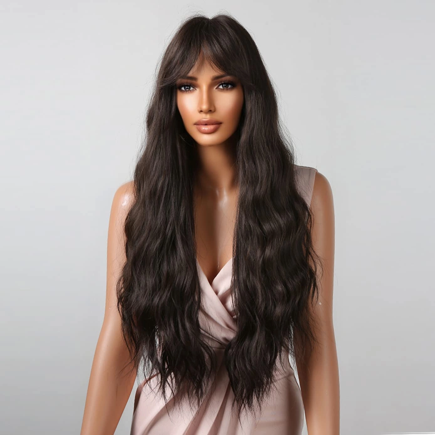 BERON Brown Long Wigs Women Wavy Wig with Bangs 28 Inches Curly Synthetic Wigs for Cosplay Party Wigs Wig Cap Included
