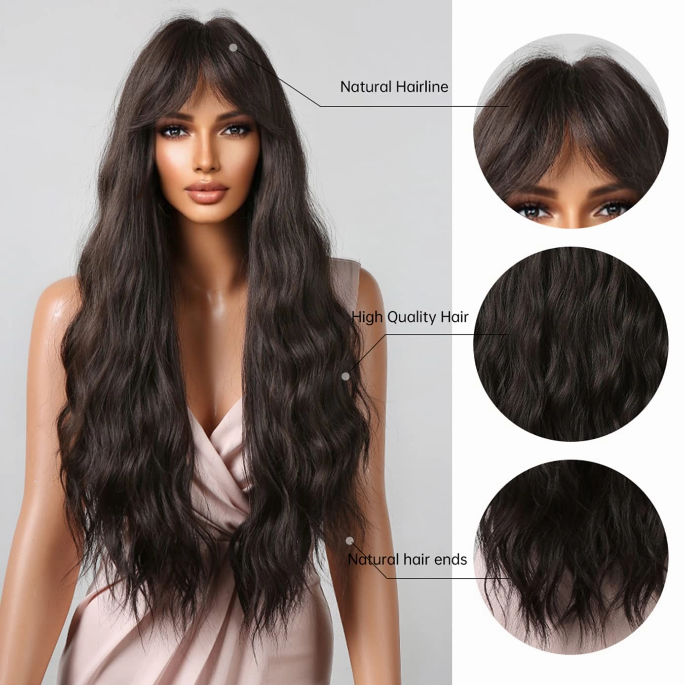 BERON Brown Long Wigs Women Wavy Wig with Bangs 28 Inches Curly Synthetic Wigs for Cosplay Party Wigs Wig Cap Included
