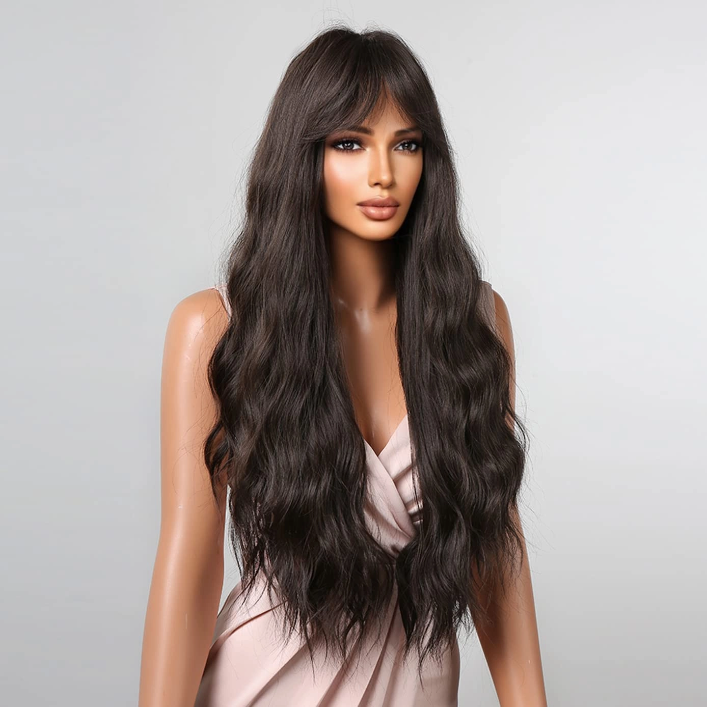 BERON Brown Long Wigs Women Wavy Wig with Bangs 28 Inches Curly Synthetic Wigs for Cosplay Party Wigs Wig Cap Included