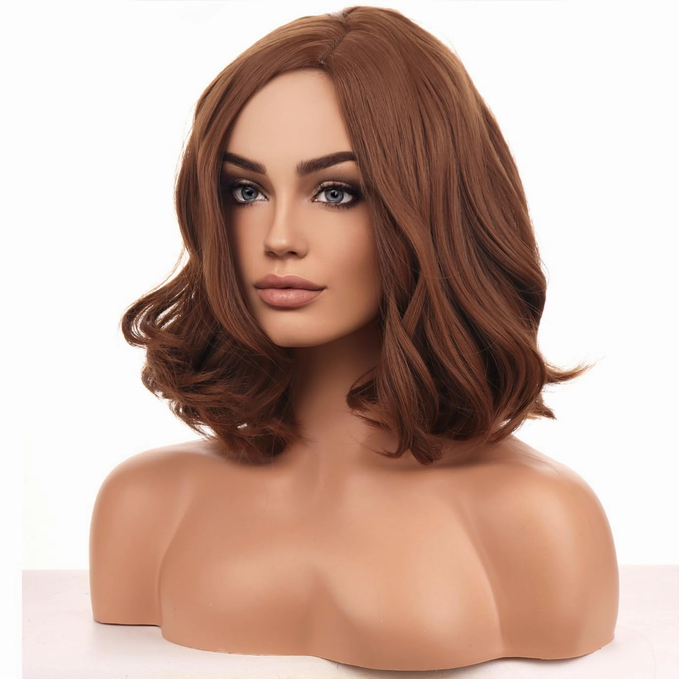 BERON Brown Wigs for Womens Short Curly Wavy Wig Girls Light Brown Side Part Wigs Shoulder Length Heat Resistant Synthetic Daily or Cosplay Party Used Wigs