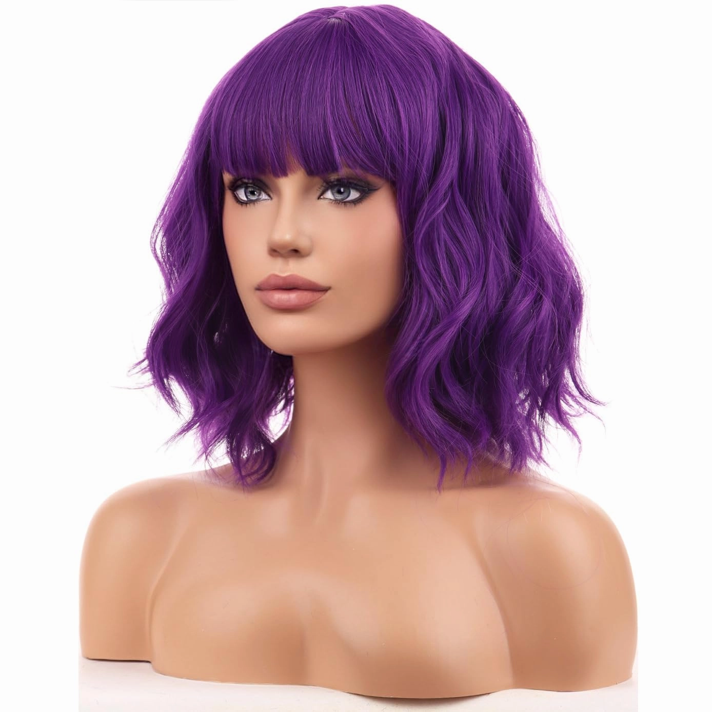 BERON Purple Womens Wig Short Curly Wavy Bob Girls Hair Wig with Bangs Dark Purple Wavy Hair Wigs 12'' Women's Synthetic Wigs Cosplay or Daily Use