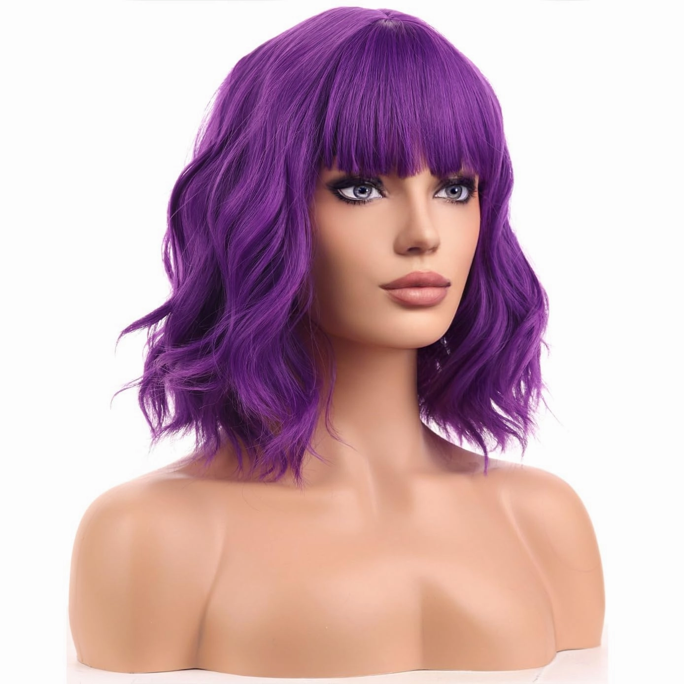 BERON Purple Womens Wig Short Curly Wavy Bob Girls Hair Wig with Bangs Dark Purple Wavy Hair Wigs 12'' Women's Synthetic Wigs Cosplay or Daily Use