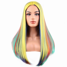BERON Rainbow Long Straight Wig for Women Girls Costume Colorful Body Middle Part Mulit Color Heat Resistant Synthetic Wigs Cosplay Party or Daily