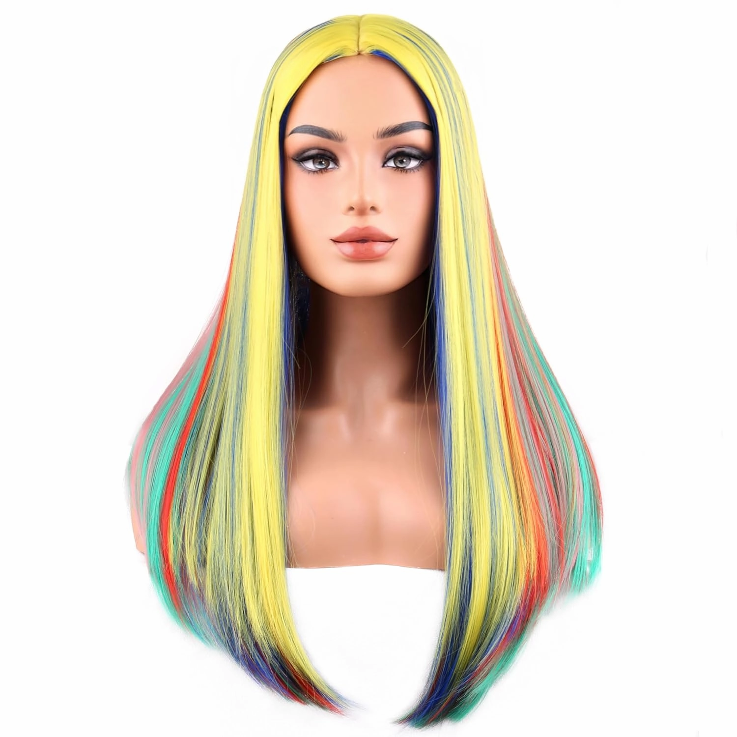 BERON Rainbow Long Straight Wig for Women Girls Costume Colorful Body Middle Part Mulit Color Heat Resistant Synthetic Wigs Cosplay Party or Daily