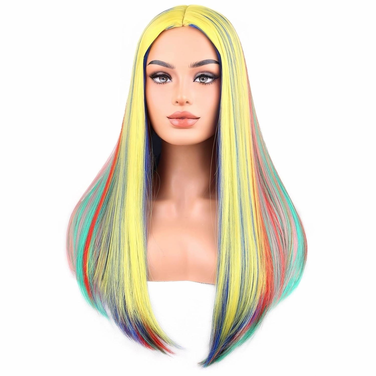 BERON Rainbow Long Straight Wig for Women Girls Costume Colorful Body Middle Part Mulit Color Heat Resistant Synthetic Wigs Cosplay Party or Daily