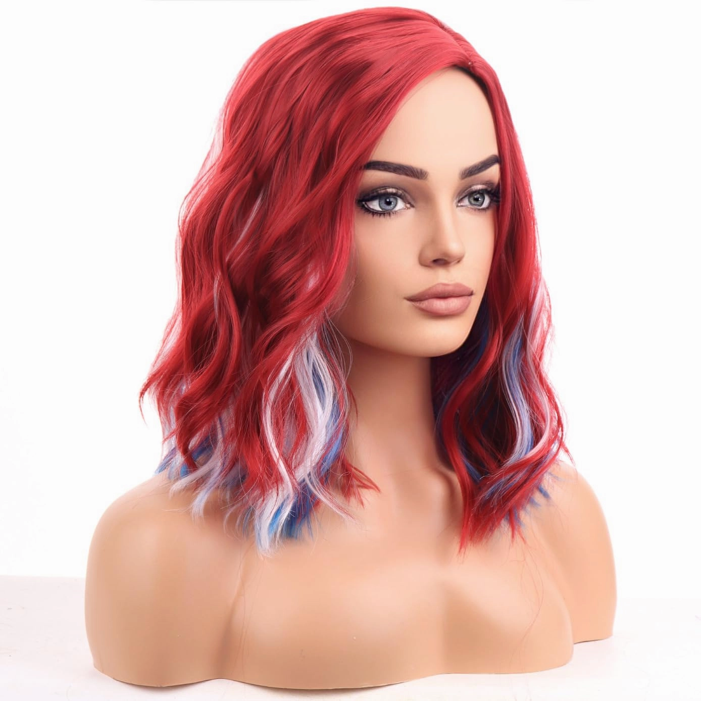 BERON Red White and Blue Wigs for Women Fourth of July Costume Cosplay Wig Short Curly Wavy Multi-color Girls Hair Wigs