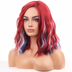 BERON Red White and Blue Wigs for Women Fourth of July Costume Cosplay Wig Short Curly Wavy Multi-color Girls Hair Wigs