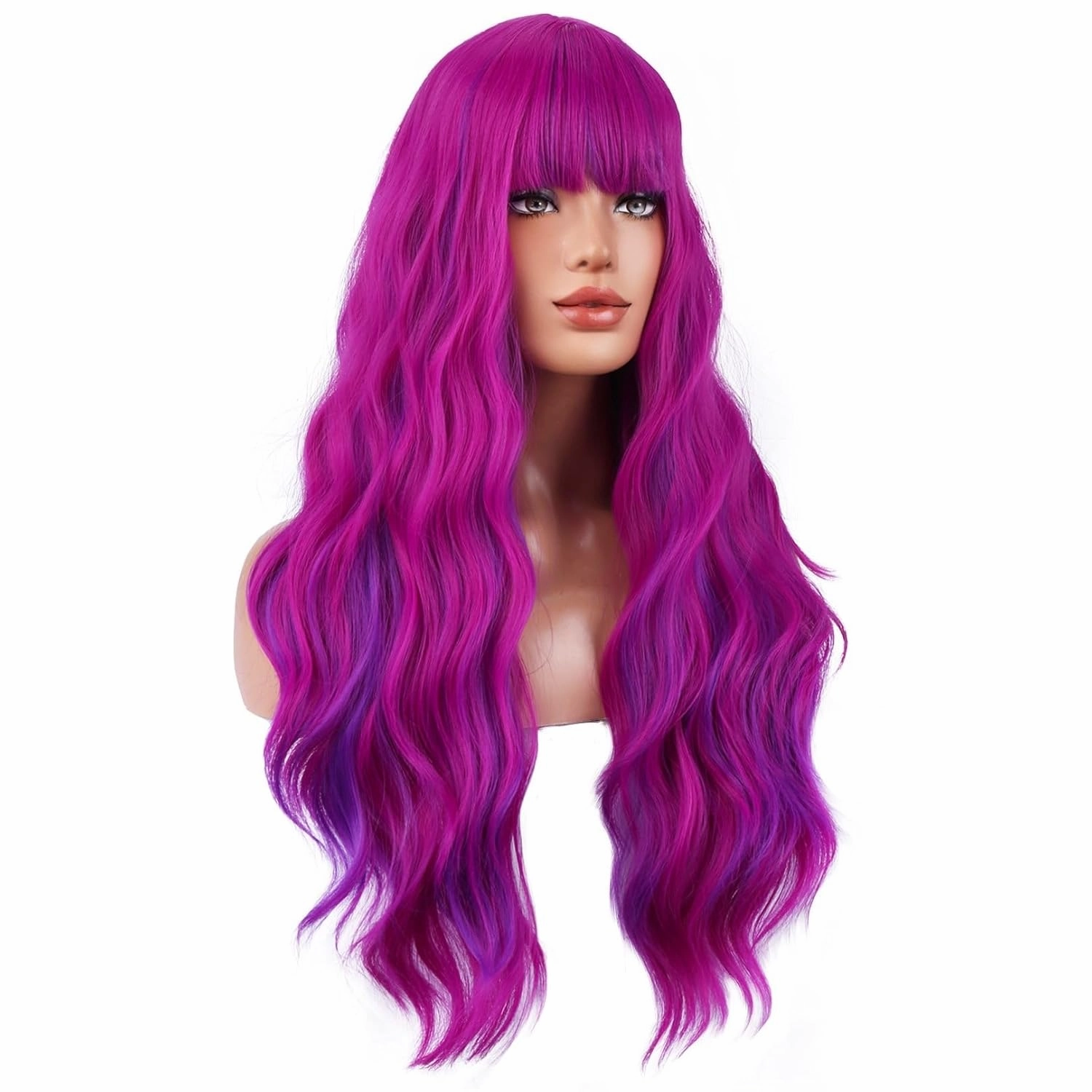 BERON Rose and Purple Long Wigs Curly Wavy Women Pastel Wigs with Bangs Hot Pink Color Heat Resistant Synthetic for Cosplay or Daily Wigs Wig Cap Included