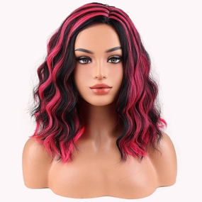 BERON Women Black Highlights Hot Pink Short Curly Wavy Wig for Girls Two Tone Shoulder Length Body Wave Synthetic Halloween Cosplay Daily Party Wigs