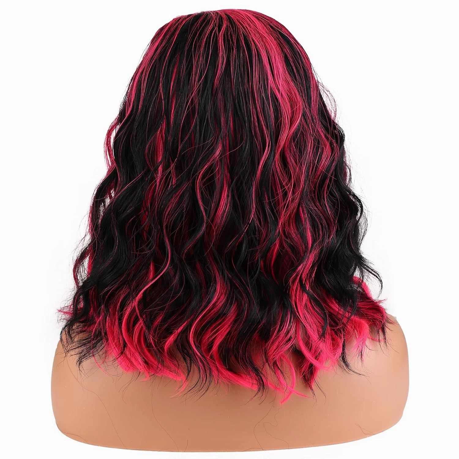 BERON Women Black Highlights Hot Pink Short Curly Wavy Wig for Girls Two Tone Shoulder Length Body Wave Synthetic Halloween Cosplay Daily Party Wigs