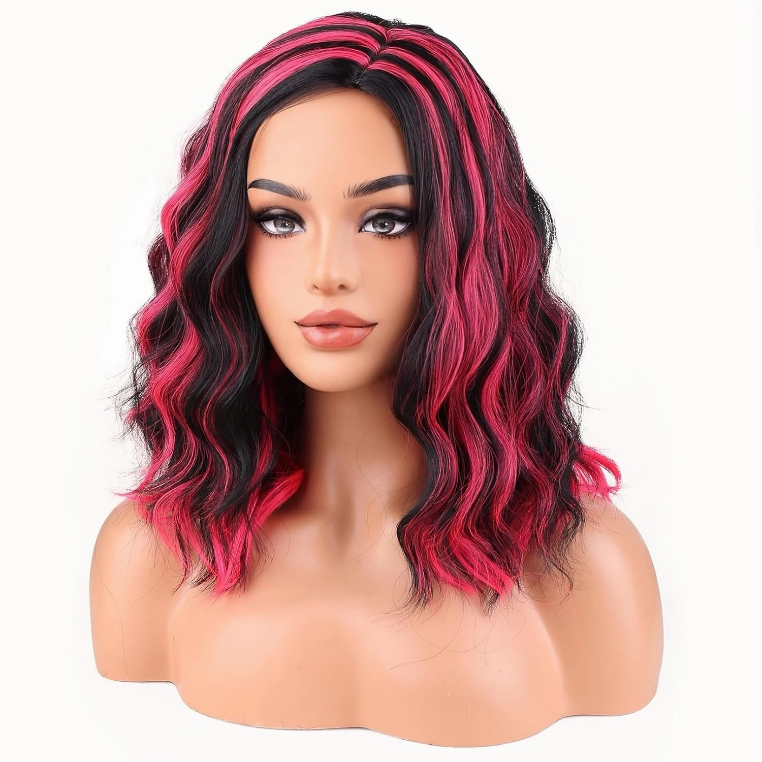 BERON Women Black Highlights Hot Pink Short Curly Wavy Wig for Girls Two Tone Shoulder Length Body Wave Synthetic Halloween Cosplay Daily Party Wigs