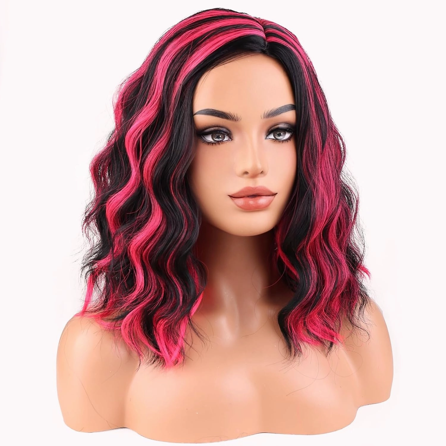BERON Women Black Highlights Hot Pink Short Curly Wavy Wig for Girls Two Tone Shoulder Length Body Wave Synthetic Halloween Cosplay Daily Party Wigs
