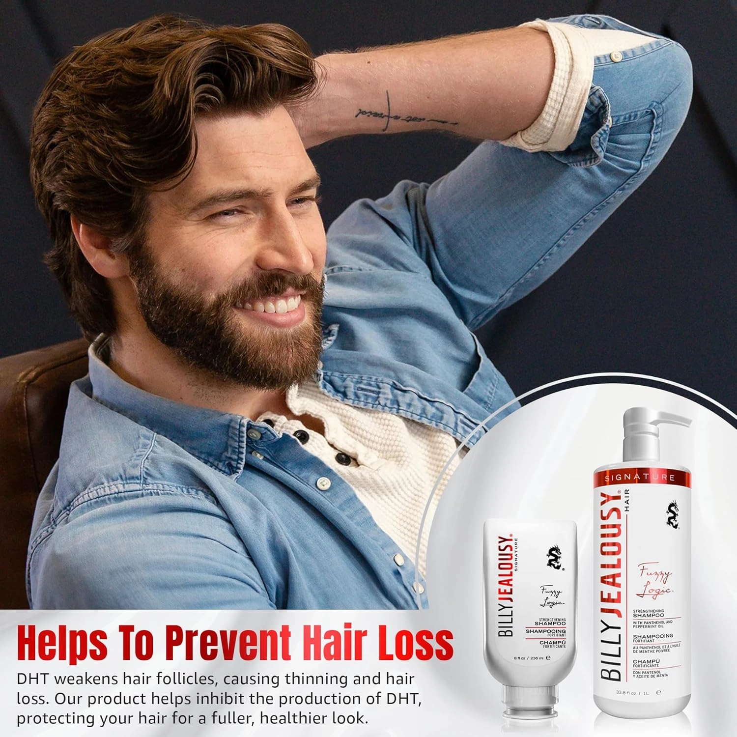 Billy Jealousy Fuzzy Logic Strengthening Mens Shampoo, Adds Volume, Prevents Hair Loss, Promotes Circulation & Healthy Growth, Peppermint Scent