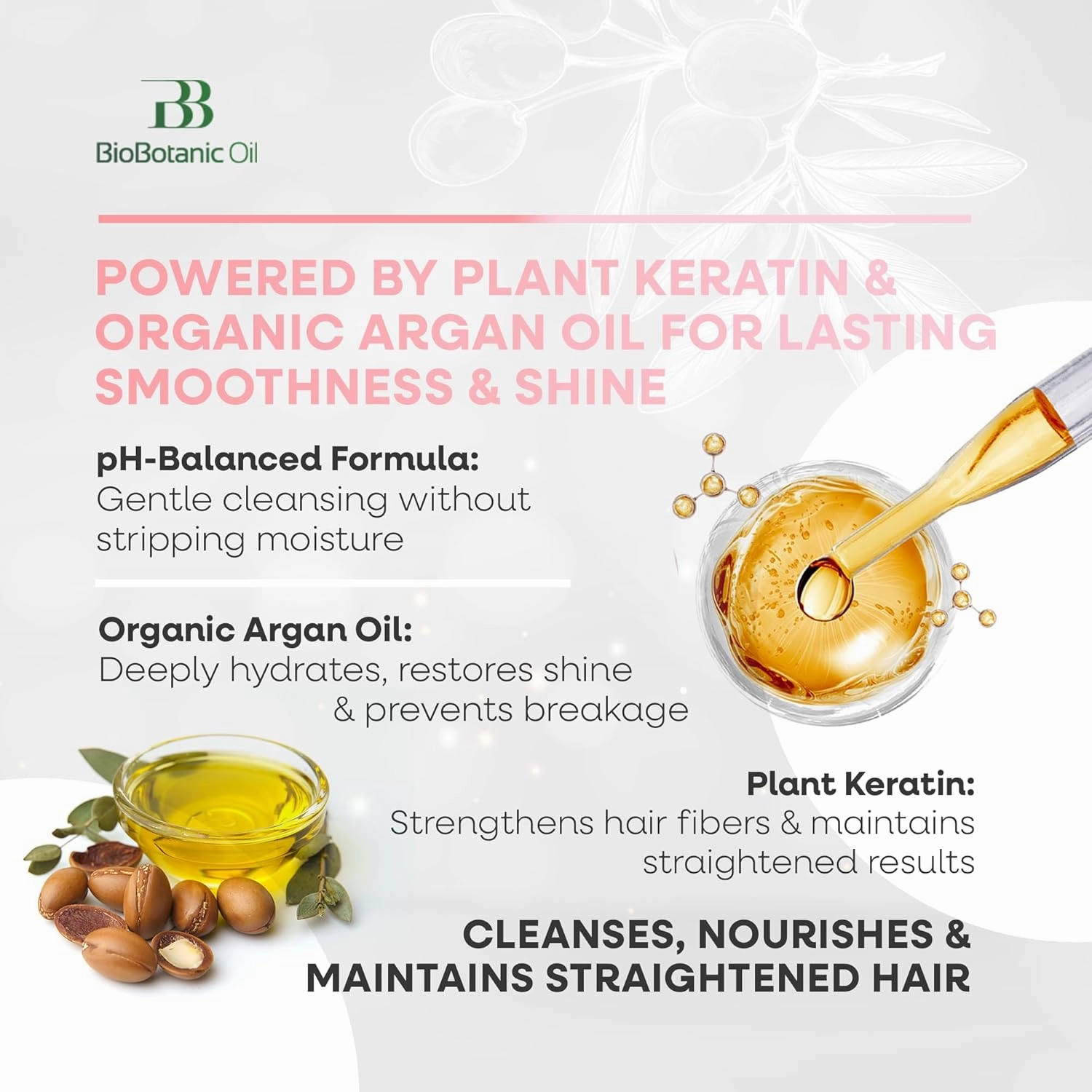 Bio Botanic Oil Range – Shampoo for Straightened Hair with Plant Keratin & Organic Argan Oil, Vegan, SLS-Free & Salt-Free, pH-Balanced Formula for Long-Lasting Smoothness & Shine