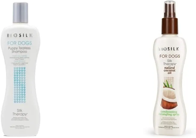 BioSilk for Dogs Silk Therapy Puppy Tearless Shampoo for Dogs, 12 Ounce Bottle of Dog Shampoo & Dogs Silk Therapy Shampoo with Coconut Oil | Coconut Dog Shampoo Conditioning Detangling Spray
