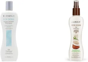 BioSilk for Dogs Silk Therapy Puppy Tearless Shampoo for Dogs, 12 Ounce Bottle of Dog Shampoo & Dogs Silk Therapy Shampoo with Coconut Oil | Coconut Dog Shampoo Conditioning Detangling Spray