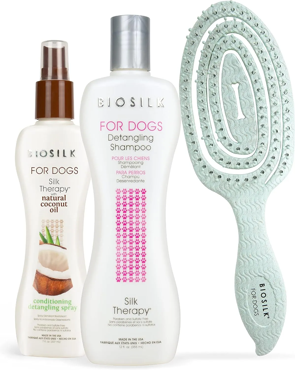 BioSilk Grooming Kit - Includes Silk Therapy Dog Detangling Shampoo, Conditioning Spray, and Pin Brush - Restores Moisture