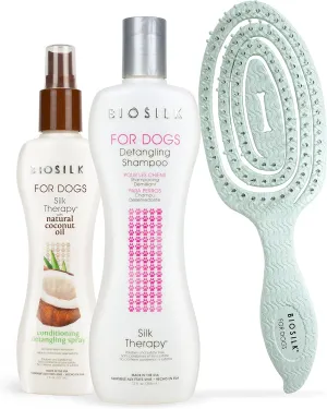 BioSilk Grooming Kit - Includes Silk Therapy Dog Detangling Shampoo, Conditioning Spray, and Pin Brush - Restores Moisture