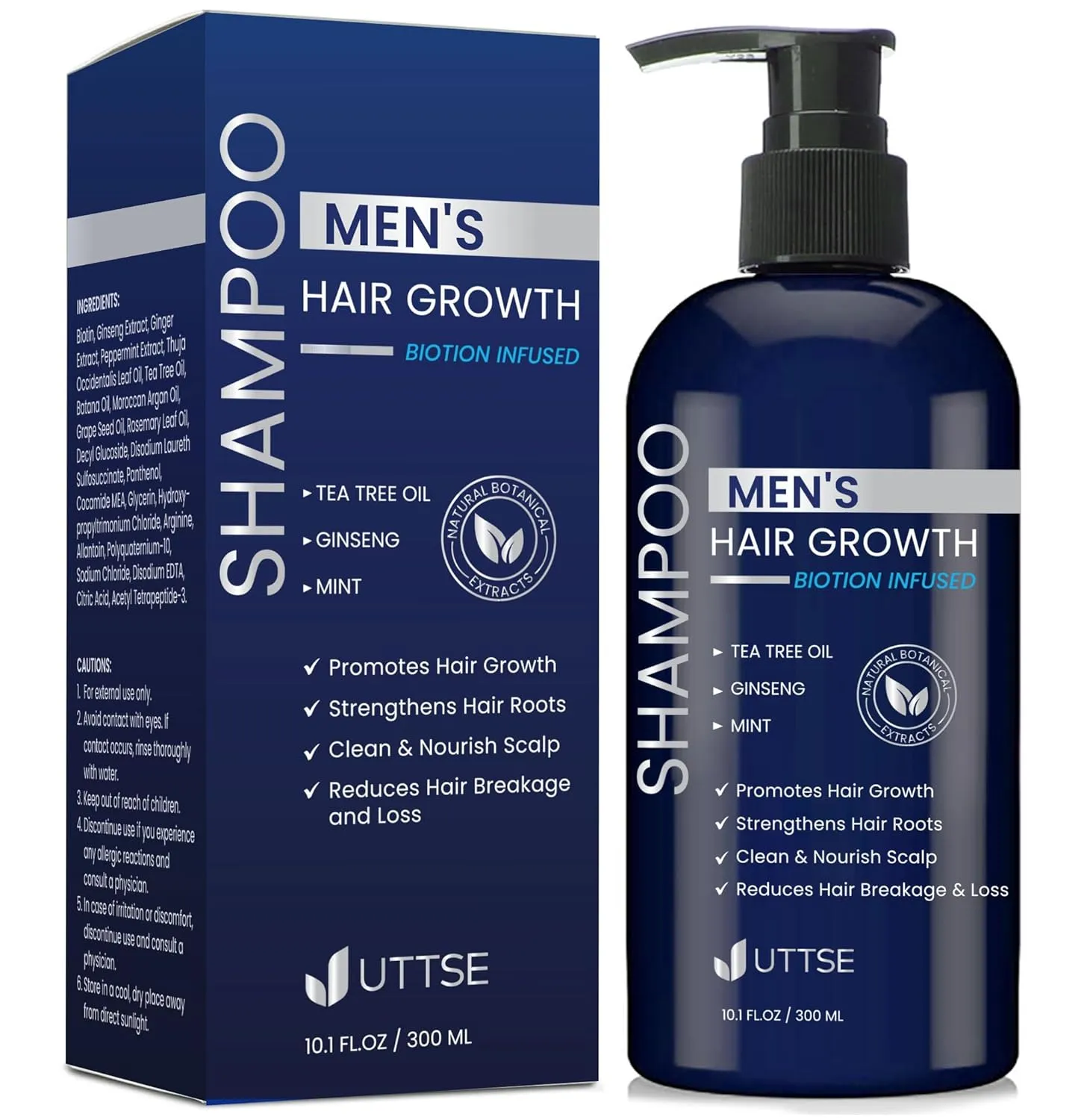 Biotion Hair Growth Shampoo for Men: Natural Thickening Shampoo with Tea Tree Oil Ginseng Mint for Hair Loss and Thinning Hair - 10.1 fl.oz, Dark Blue