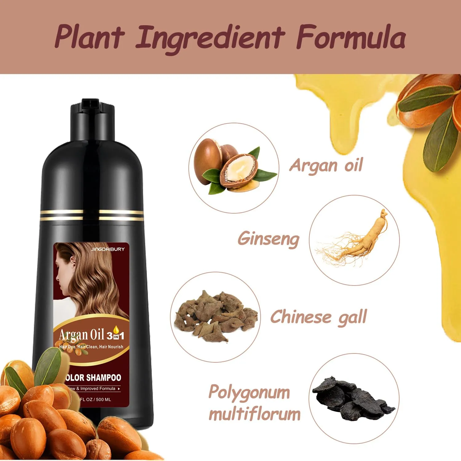 Black Argan Oil Hair Dye - 16.9 Fl Oz, 3 in 1 Semi-Permanent Color Shampoo, Easy To Use (Black)