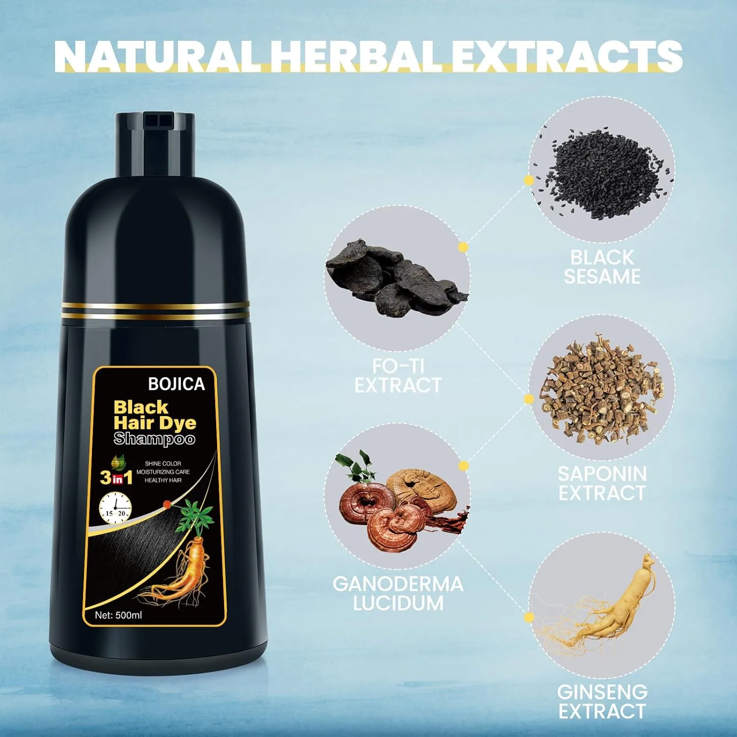 Black Hair Dye 3 in 1 Shampoo for Gray Hair, Herbal Ingredients for Women&Men, Dye in Minutes/Semi-Permanent/(17.6 FL OZ)
