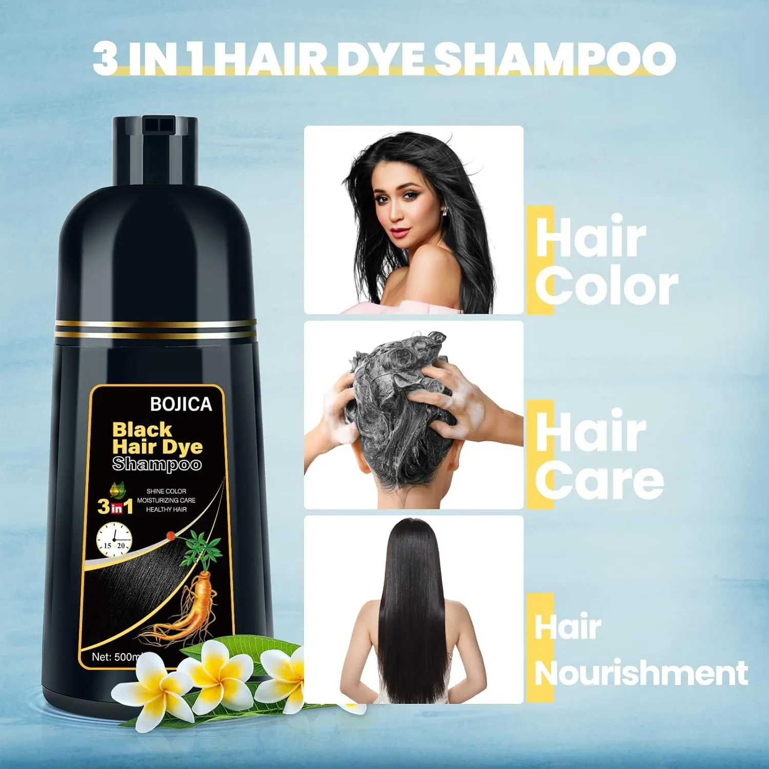 Black Hair Dye 3 in 1 Shampoo for Gray Hair, Herbal Ingredients for Women&Men, Dye in Minutes/Semi-Permanent/(17.6 FL OZ)