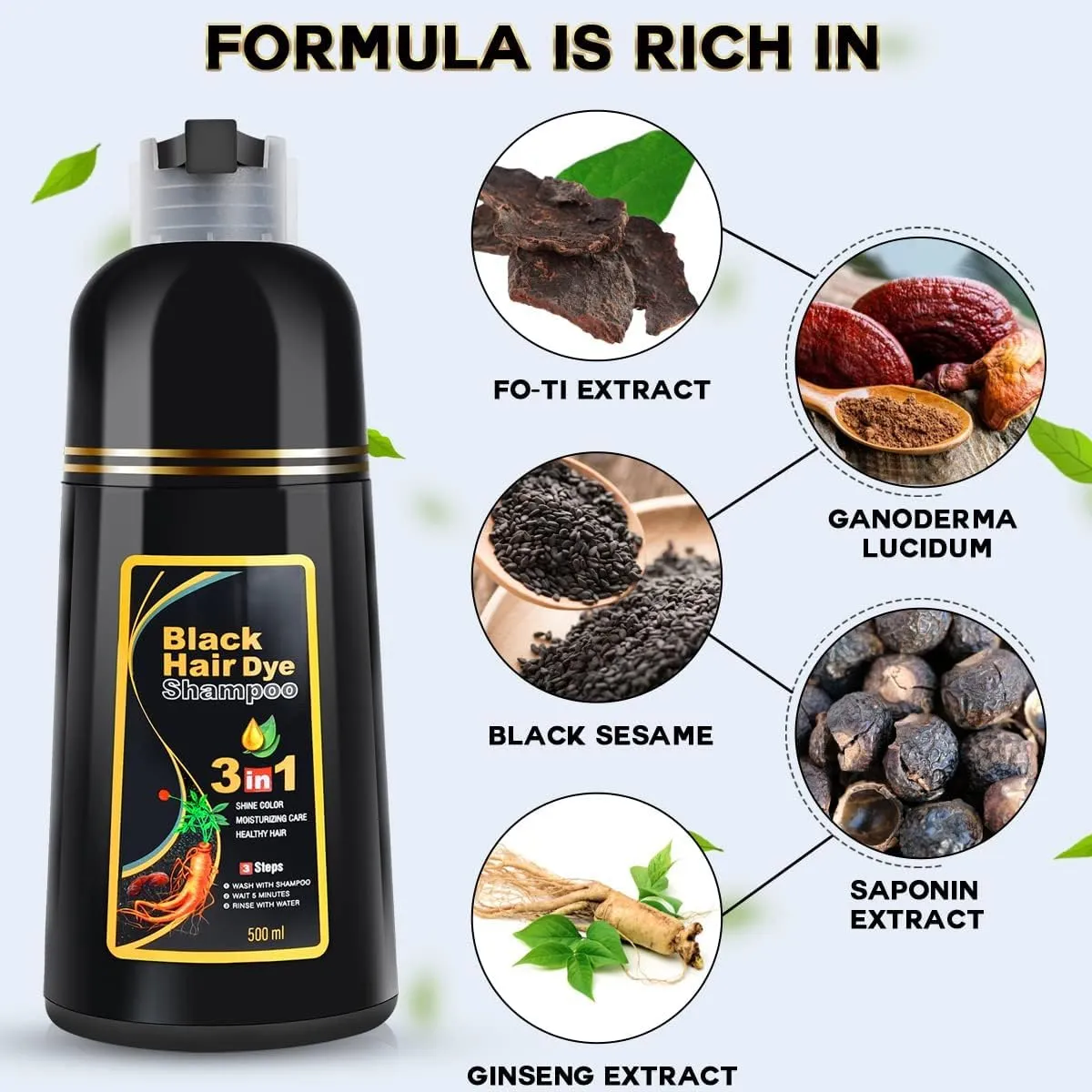Black Hair Dye Shampoo 3 in 1 for Gray Hair Coverage, Hair Color Shampoo for Women Men, Natural Herbal Ingredients Shampoo Para Pintar el Cabello (16.9 Oz)