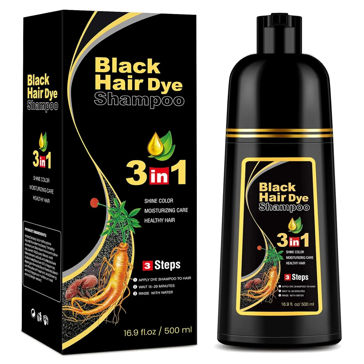 Black Hair Dye Shampoo 3 in 1 for Gray Hair Coverage, Hair Color Shampoo for Women Men, Natural Herbal Ingredients Shampoo Para Pintar el Cabello (16.9 Oz)