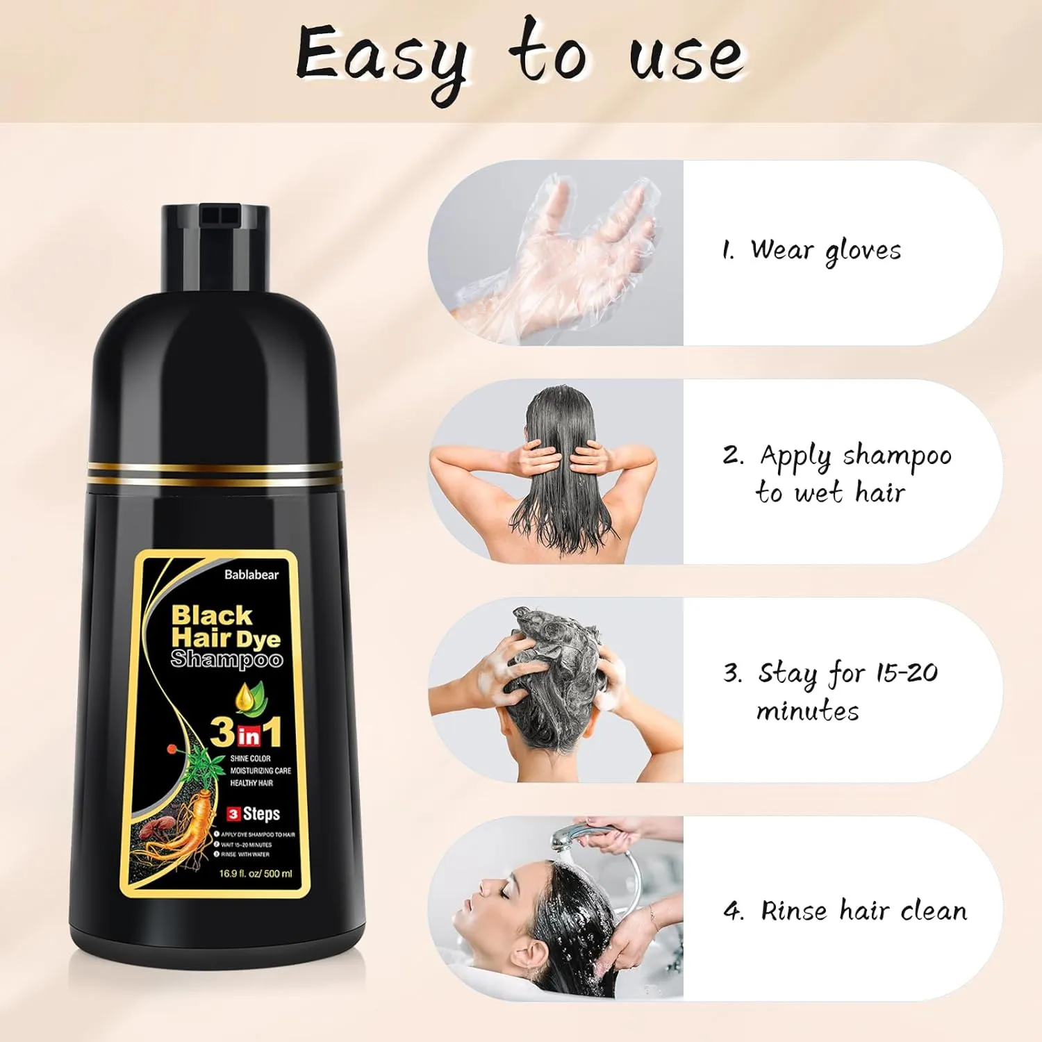 Black Hair Dye Shampoo for Gray Hair, Semi-Permanent Hair Color Shampoo for Women and Men, Herbal Ingredients, 3 in 1 100% Grey Coverage.Lasts 30 Days/500ml/Natural herbal Ingredients