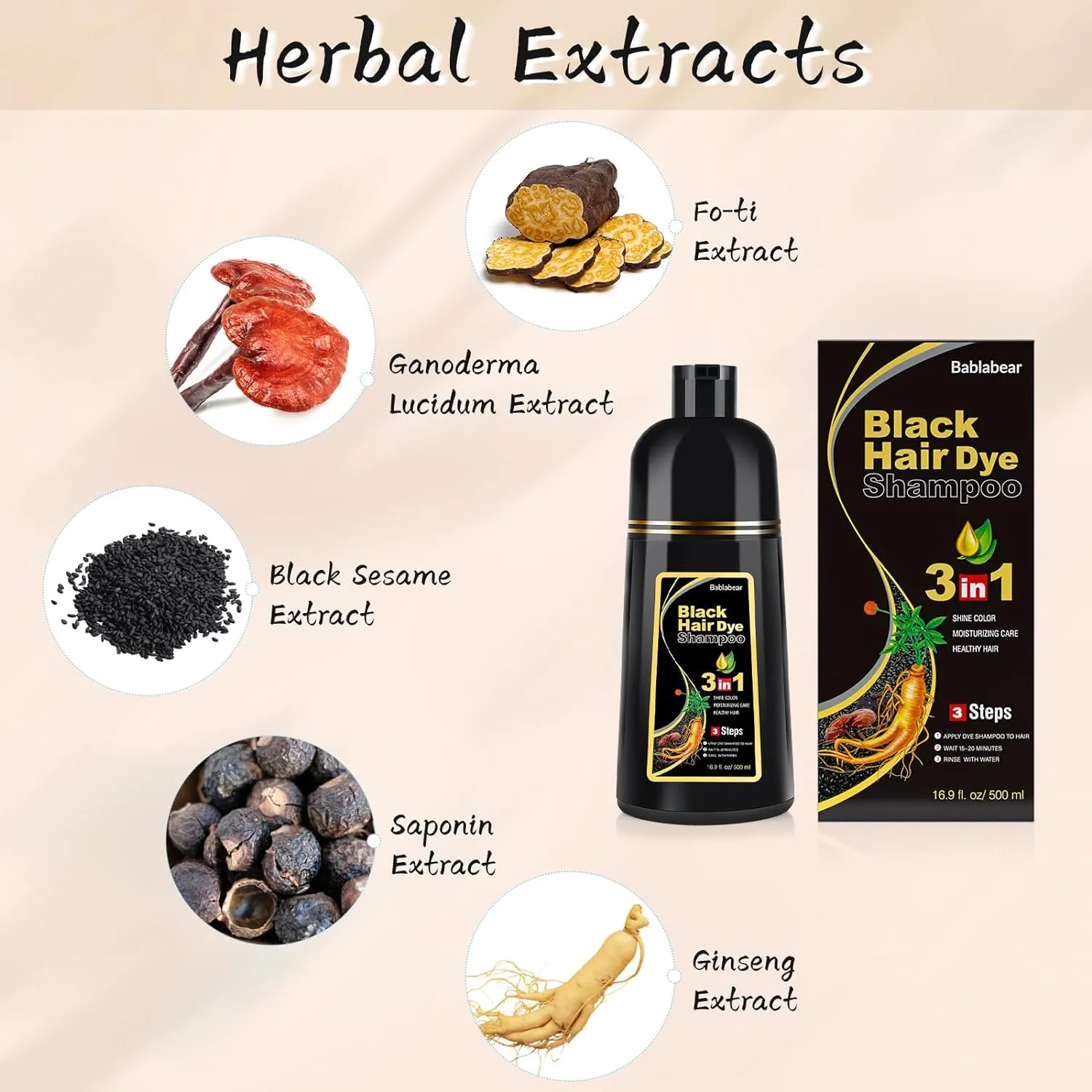Black Hair Dye Shampoo for Gray Hair, Semi-Permanent Hair Color Shampoo for Women and Men, Herbal Ingredients, 3 in 1 100% Grey Coverage.Lasts 30 Days/500ml/Natural herbal Ingredients