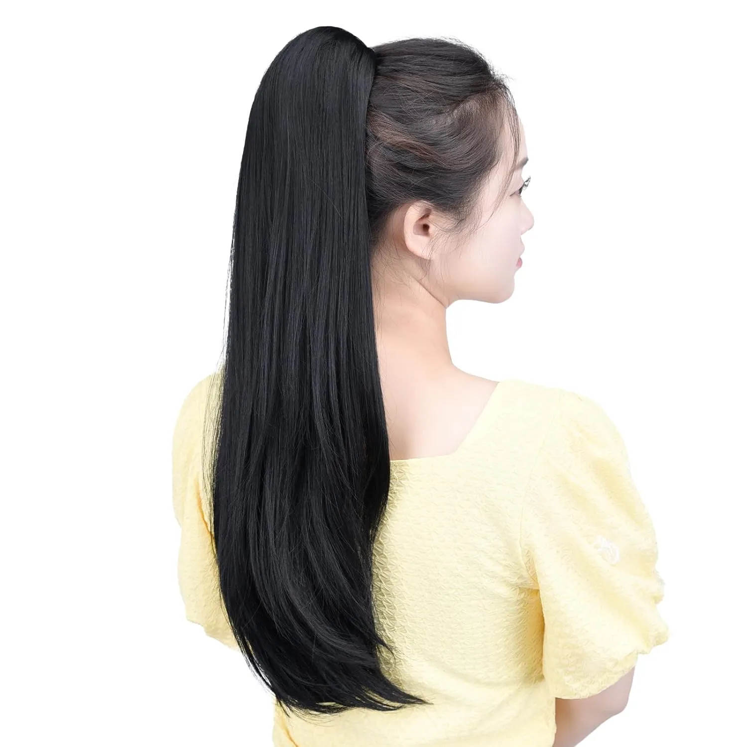 Black Ponytail Extension Synthetic Clip Claw Pony tails 22" Straight 5.5 OZ Fake Hairpieces Women Yaki Fluffy¬ Tangled