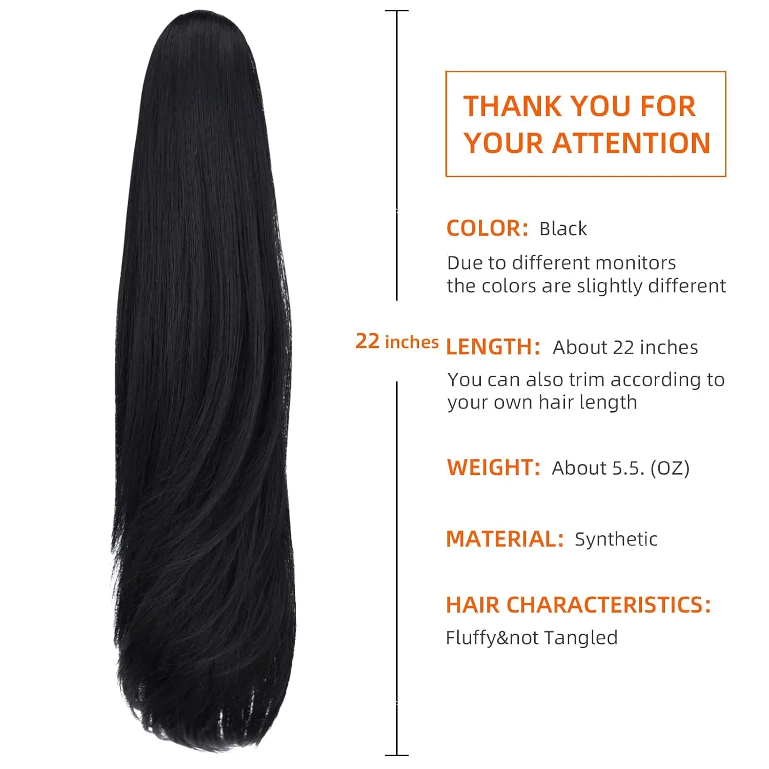 Black Ponytail Extension Synthetic Clip Claw Pony tails 22" Straight 5.5 OZ Fake Hairpieces Women Yaki Fluffy¬ Tangled