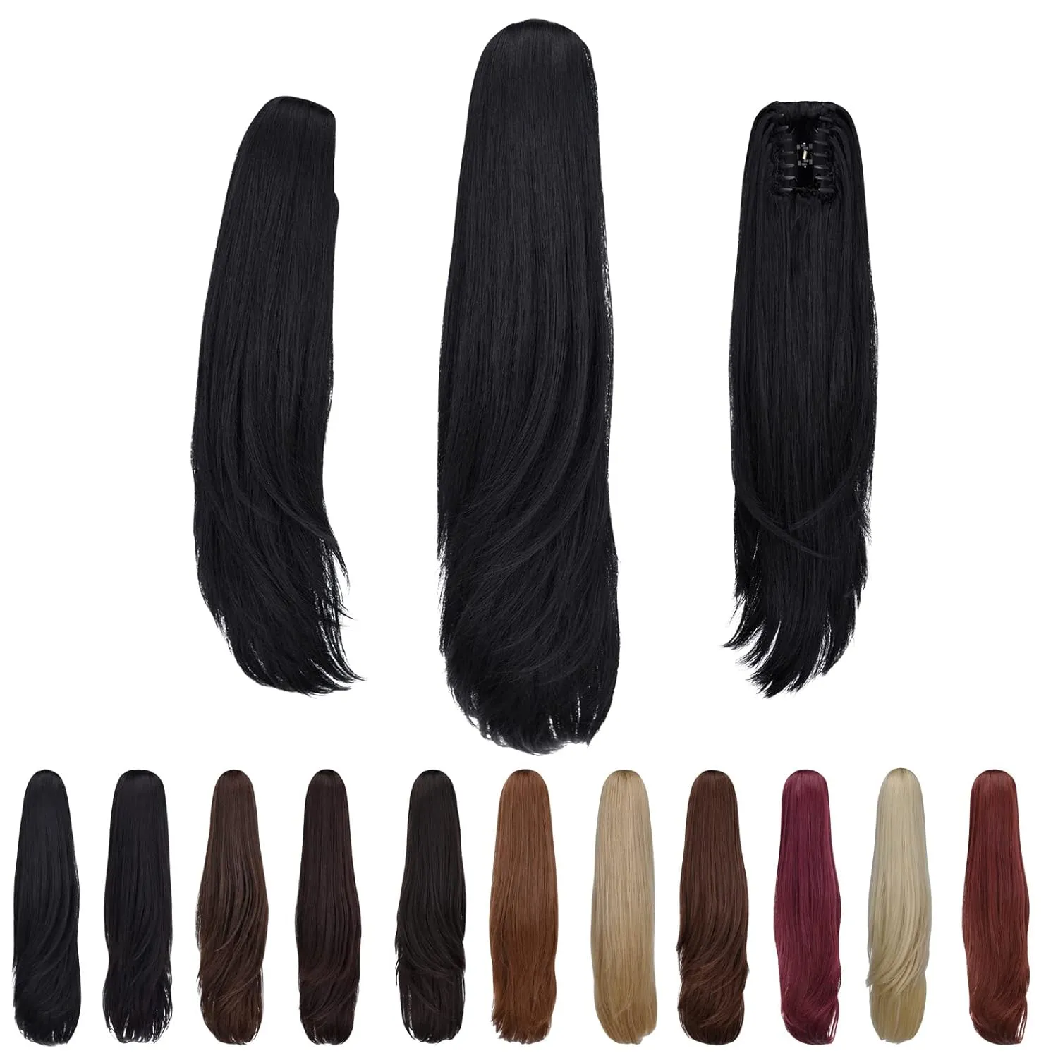 Black Ponytail Extension Synthetic Clip Claw Pony tails 22" Straight 5.5 OZ Fake Hairpieces Women Yaki Fluffy¬ Tangled