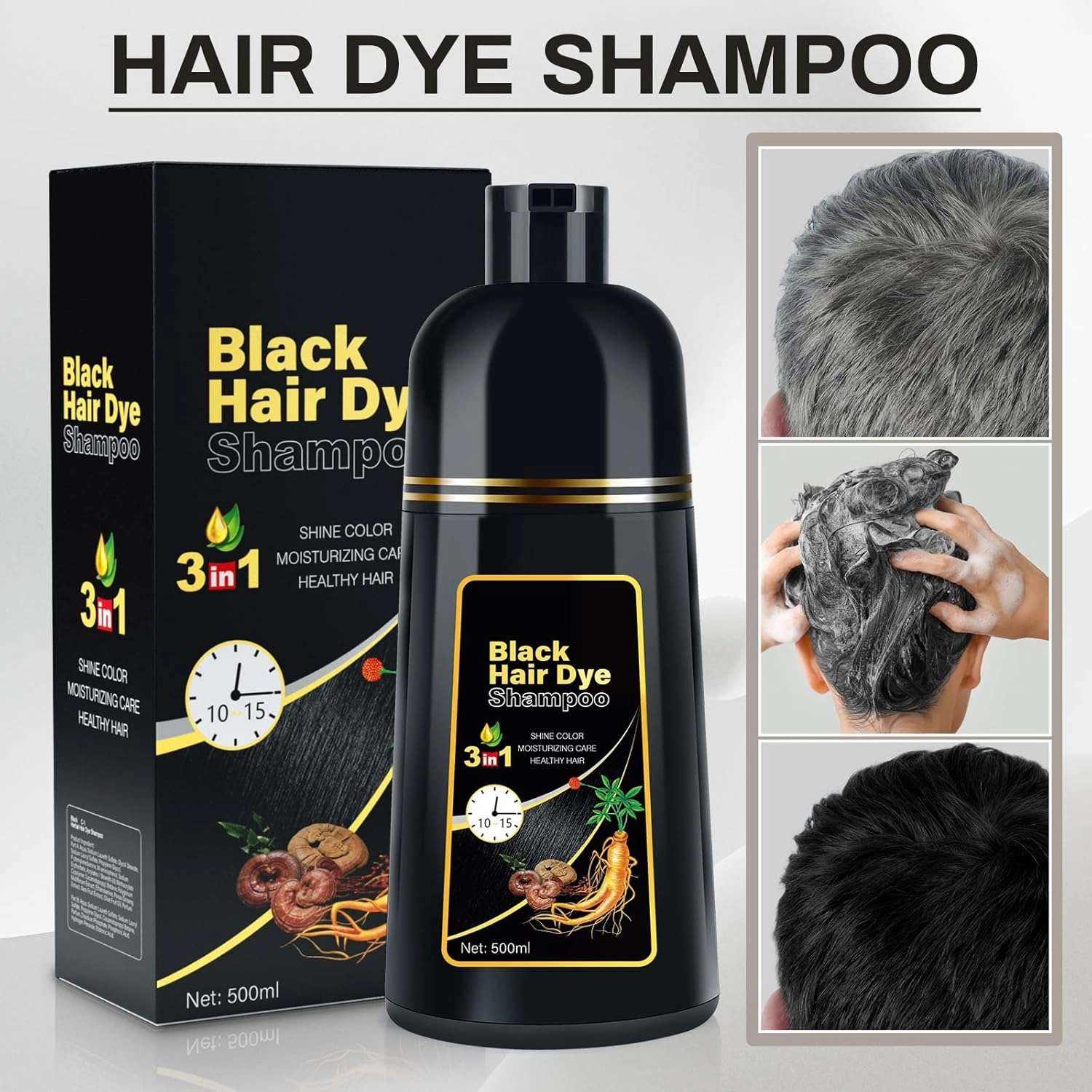 Black Hair Dye Shampoo 3 in 1 Champu Para Canas for Gray Hair Coverage, Natural Herbal Black Hair Color Shampoo for Women, shampoo para pintar el cabello