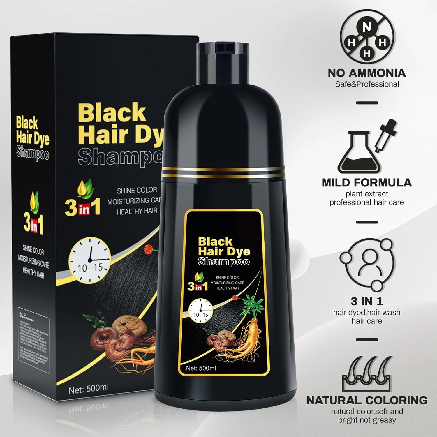 Black Hair Dye Shampoo 3 in 1 Champu Para Canas for Gray Hair Coverage, Natural Herbal Black Hair Color Shampoo for Women, shampoo para pintar el cabello