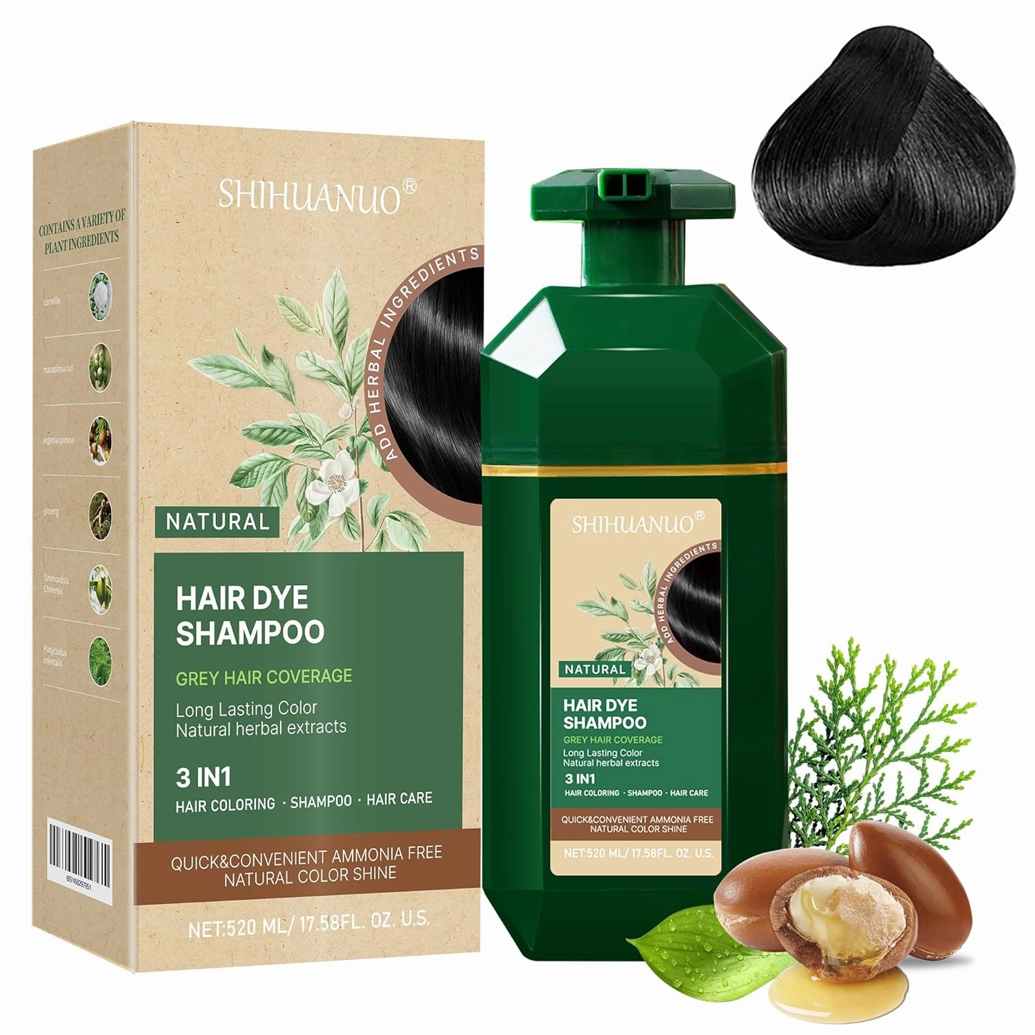Black Hair Dye Shampoo 3 in 1 for Gray Hair Coverage, Herbal Ingredients Natural Shampoo Black Hair Dye for Women & Men/Ammonia-Free 520ml