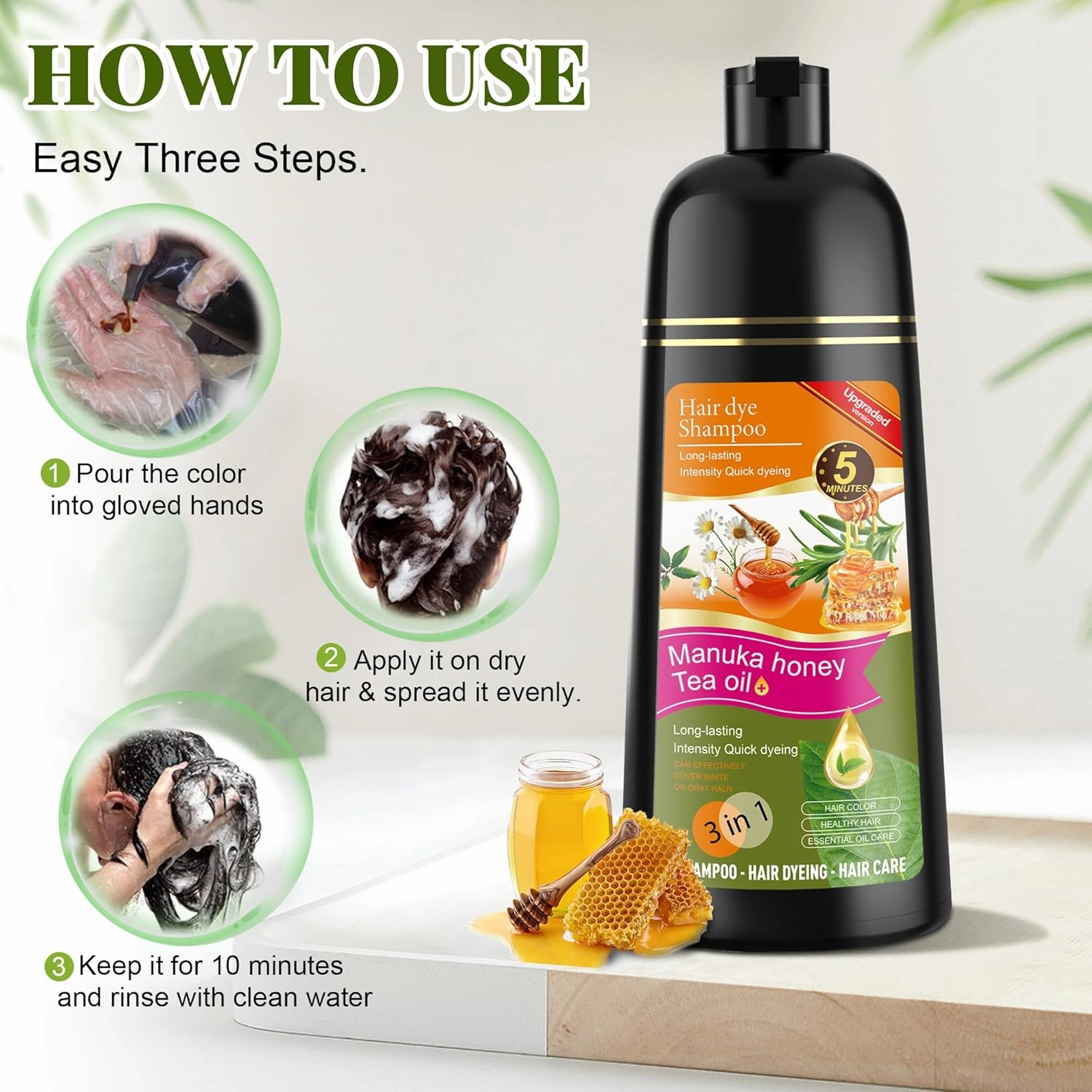 Black Hair Dye Shampoo 3 in 1 for Women & Men 100% Gray Hair Coverage - Herbal Ingredients Natural Plant Hair Color - Hair Dye in Minutes 17.6 Fl Oz