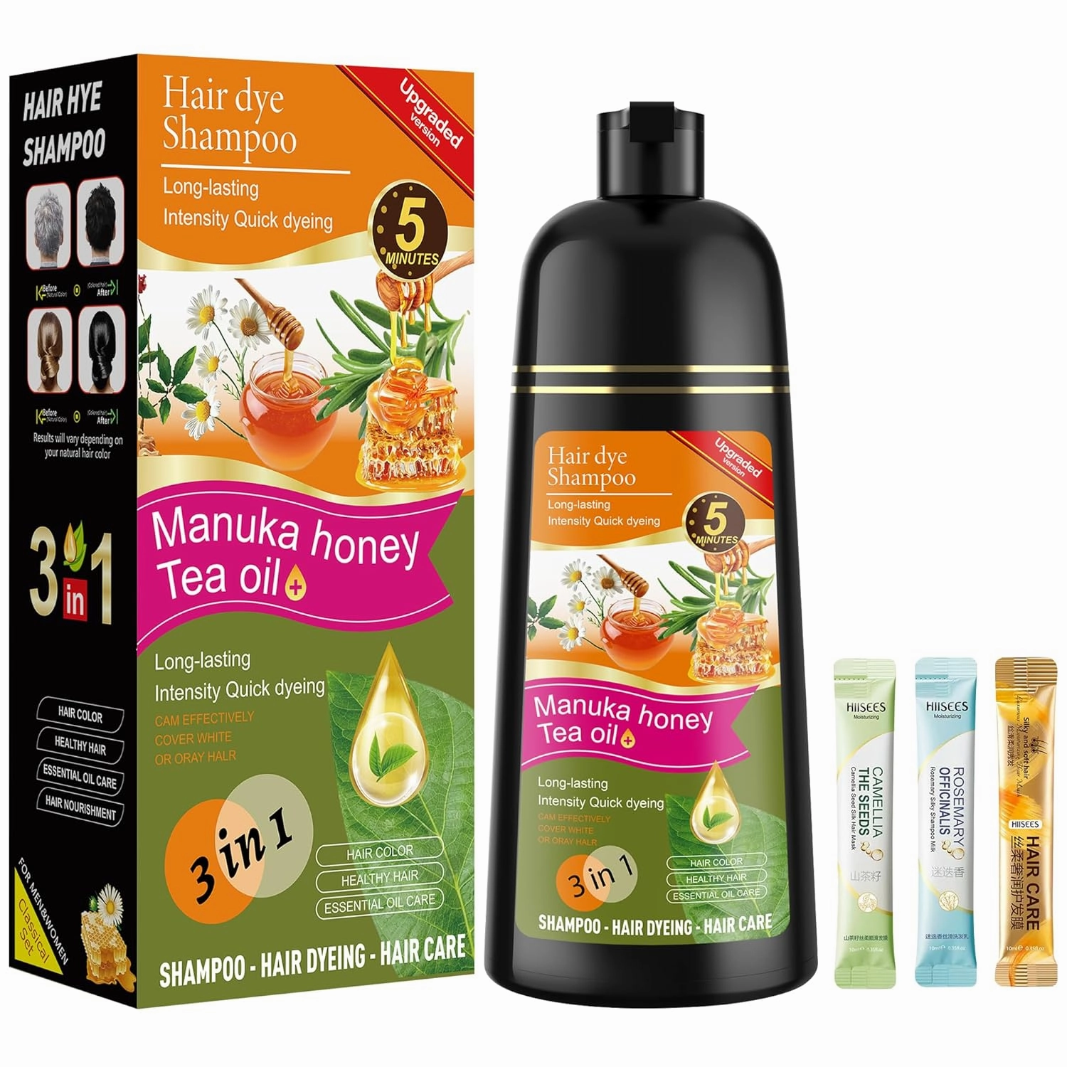 Black Hair Dye Shampoo 3 in 1 for Women & Men 100% Gray Hair Coverage - Herbal Ingredients Natural Plant Hair Color - Hair Dye in Minutes 17.6 Fl Oz