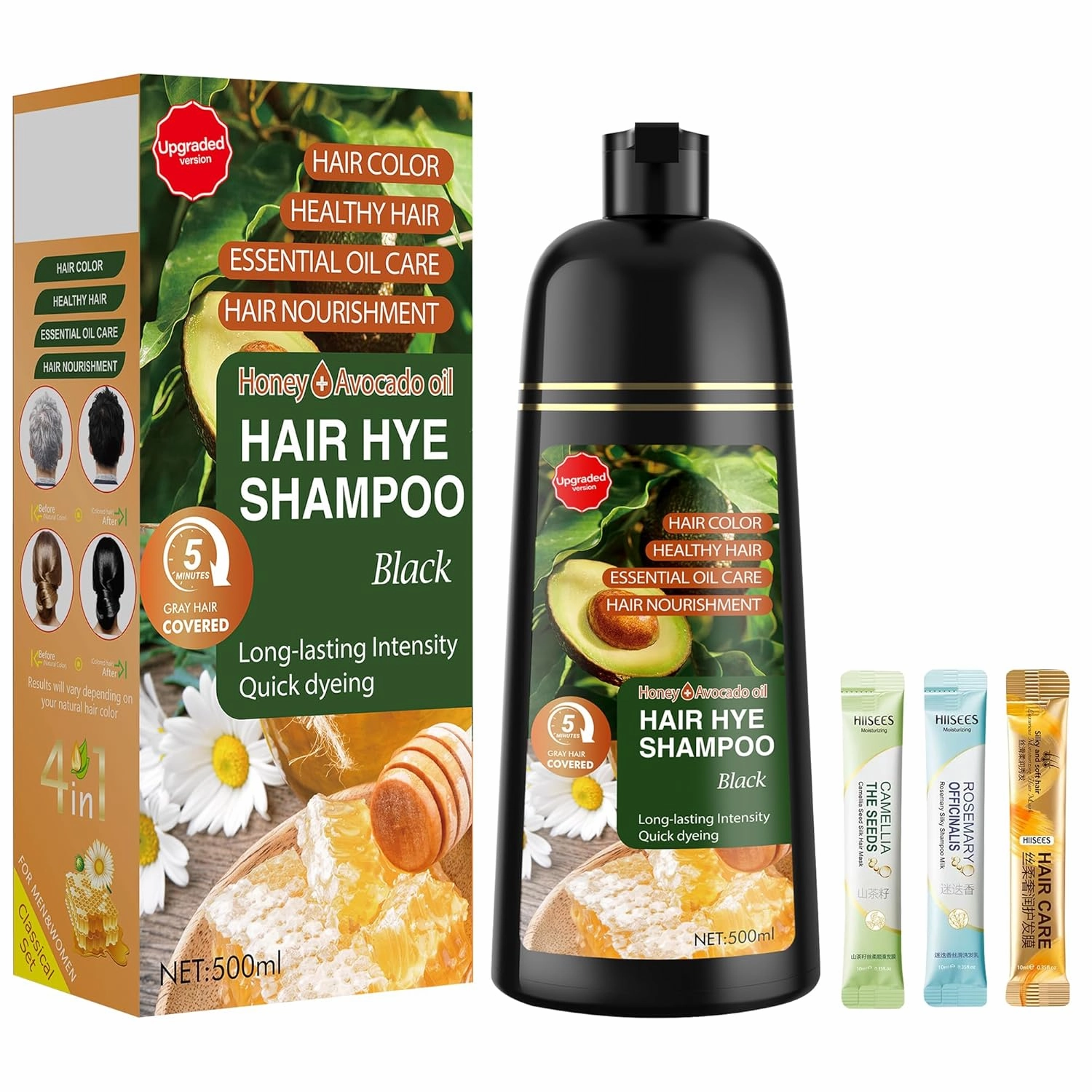 Black Hair Dye Shampoo 3 in 1 for Women & Men 100% Gray Hair Coverage - Herbal Ingredients Natural Plant Hair Color - Hair Dye in Minutes 17.6 Fl Oz