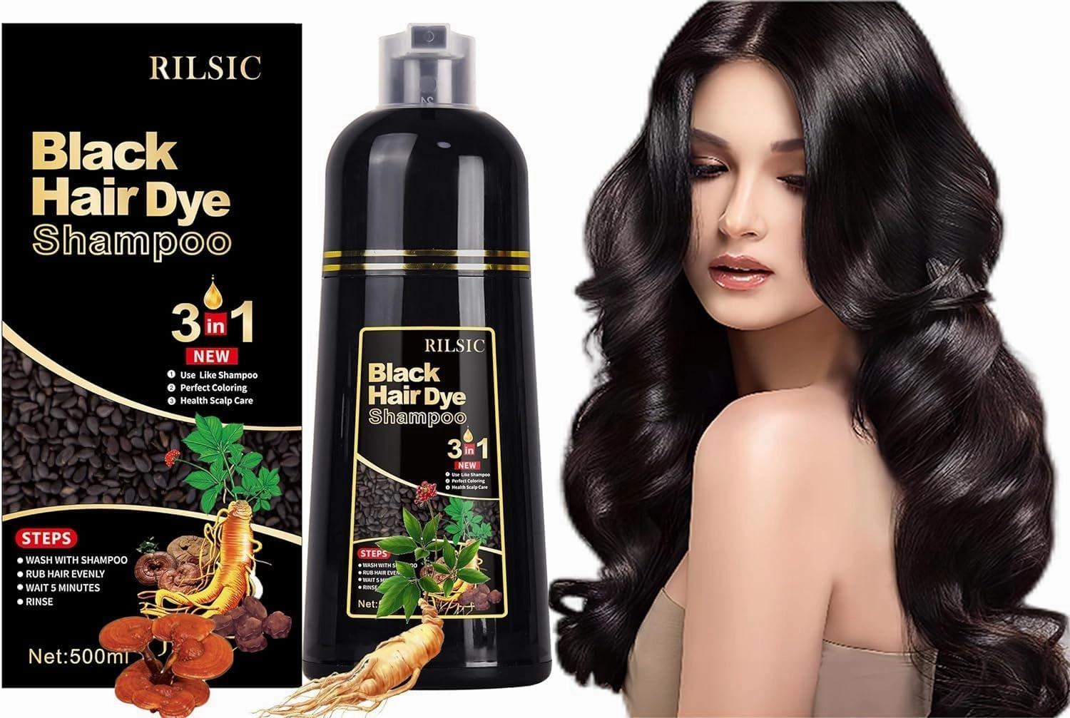 Black Hair Dye Shampoo 3 IN 1, Herbal Natrual Shampoo Instant Hair Color Shampoo for Women Men - Grey Hair Coverage- Long Lasting-Coloring in Minutes(500ML) (Black)