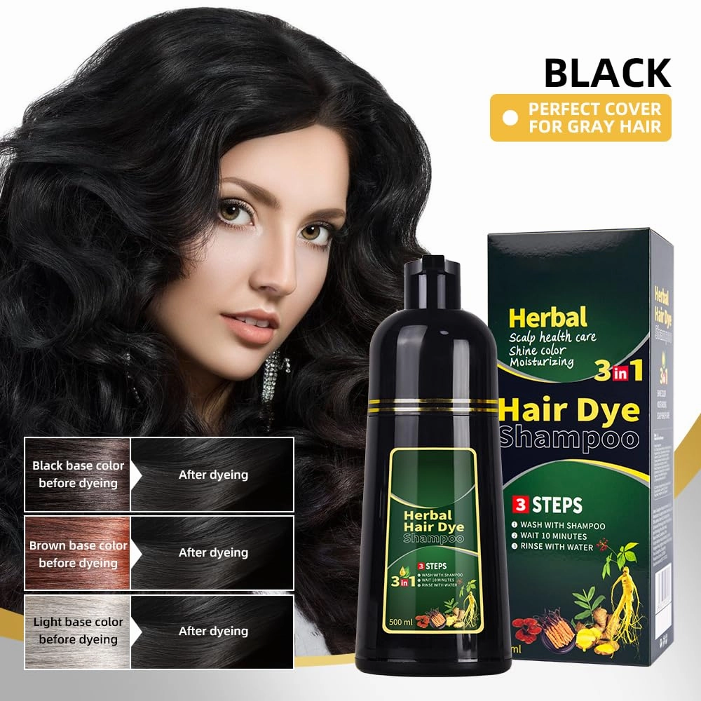 Black Hair Dye Shampoo 3 in 1 Herbal Natural Dye Cover Gray, for Women/Men Hair Color for Grey Coverage (Black)