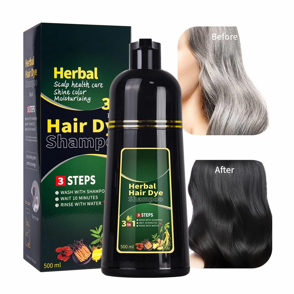 Black Hair Dye Shampoo 3 in 1 Herbal Natural Dye Cover Gray, for Women/Men Hair Color for Grey Coverage (Black)