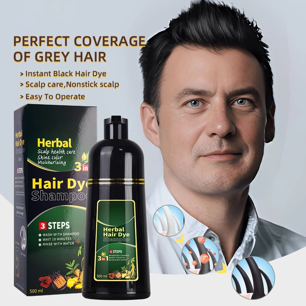 Black Hair Dye Shampoo 3 in 1 Herbal Natural Dye Cover Gray, for Women/Men Hair Color for Grey Coverage (Black)