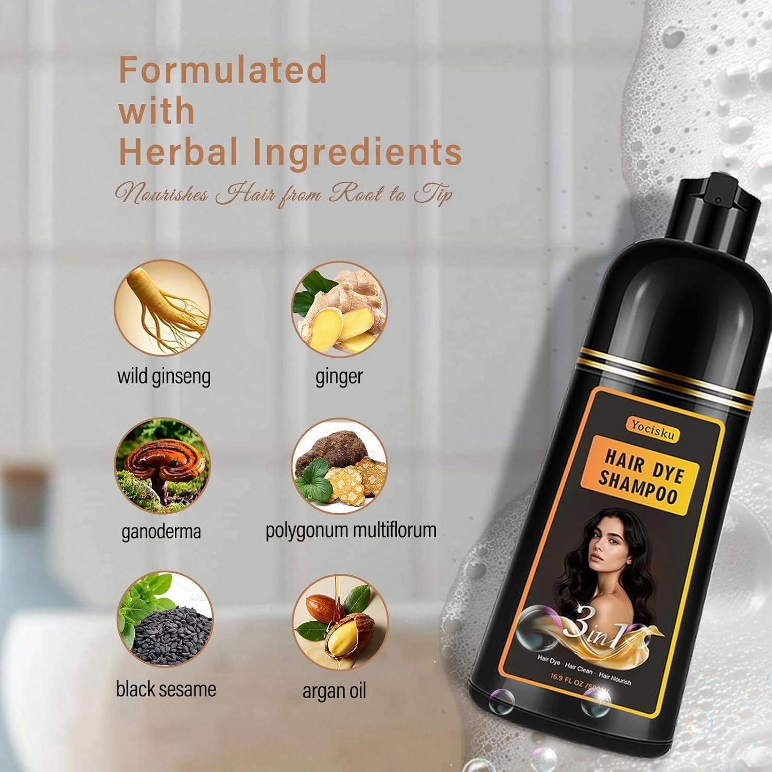 Black Hair Dye Shampoo for Gray Coverage, Instant Hair Color Shampoo, Long Lasting Black Hair Shampoo, Champu Para Canas, Gentle & Fast, Easy to Use, 16.90 Fl Oz