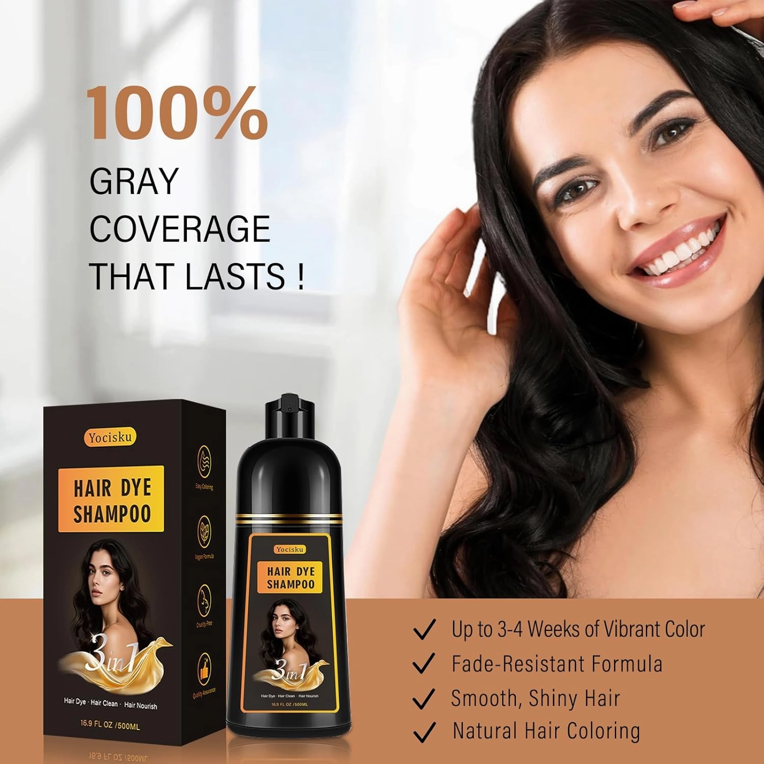 Black Hair Dye Shampoo for Gray Coverage, Instant Hair Color Shampoo, Long Lasting Black Hair Shampoo, Champu Para Canas, Gentle & Fast, Easy to Use, 16.90 Fl Oz