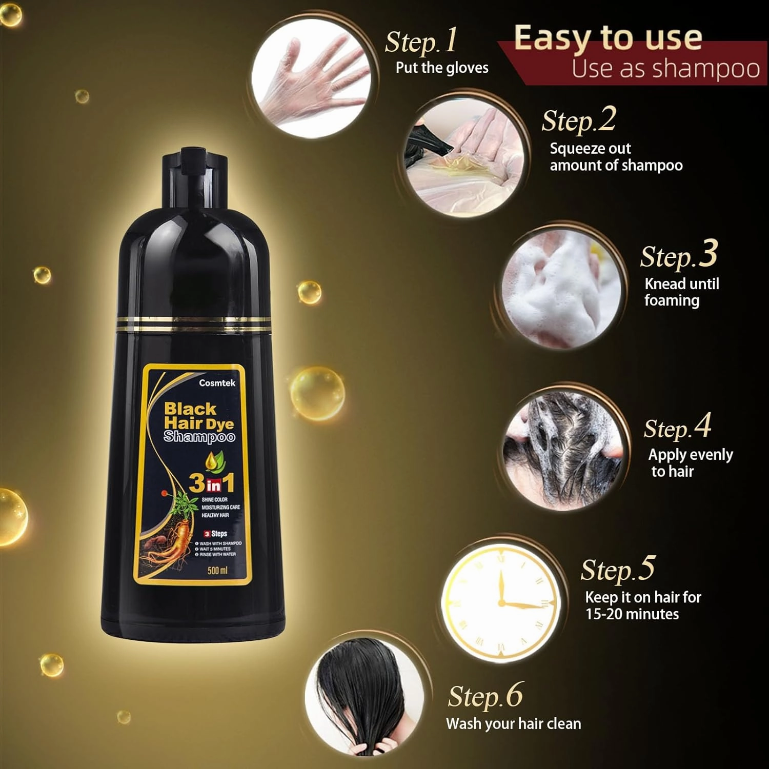 Black Hair Dye Shampoo for Gray Hair, Semi-Permanent Hair Color Shampoo for Women and Men, Herbal and No Ammonia, 3 in 1-100% Grey Coverage(16.9 Fl oz)