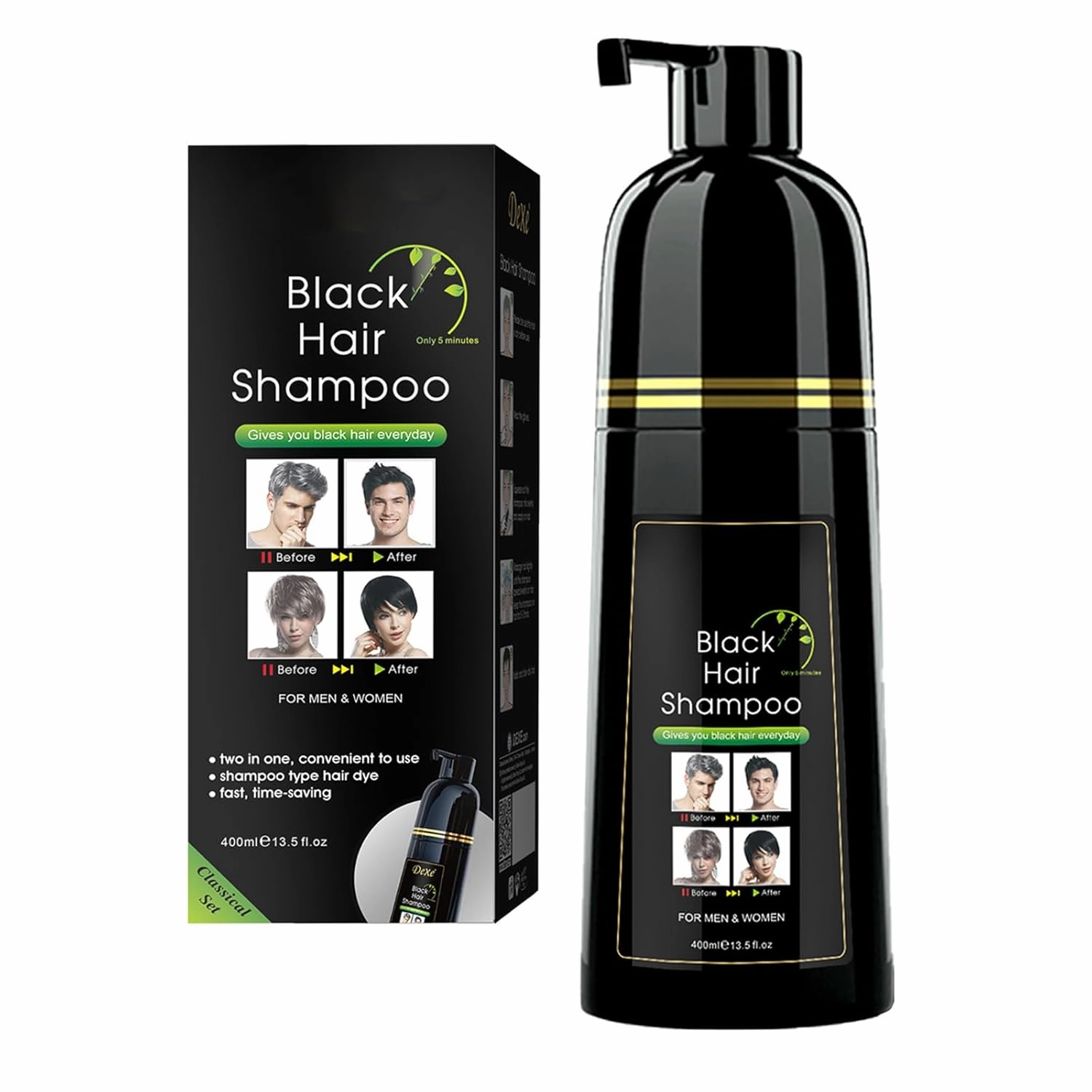 Black Hair Dye Shampoo for Gray Hair, Semi-Permanent Hair Color Shampoo for Women and Men, Simple to Use and Lasts 30 Days-Fast Acting, Herbal Ingredients and Ammonia Free (14 Fl oz)