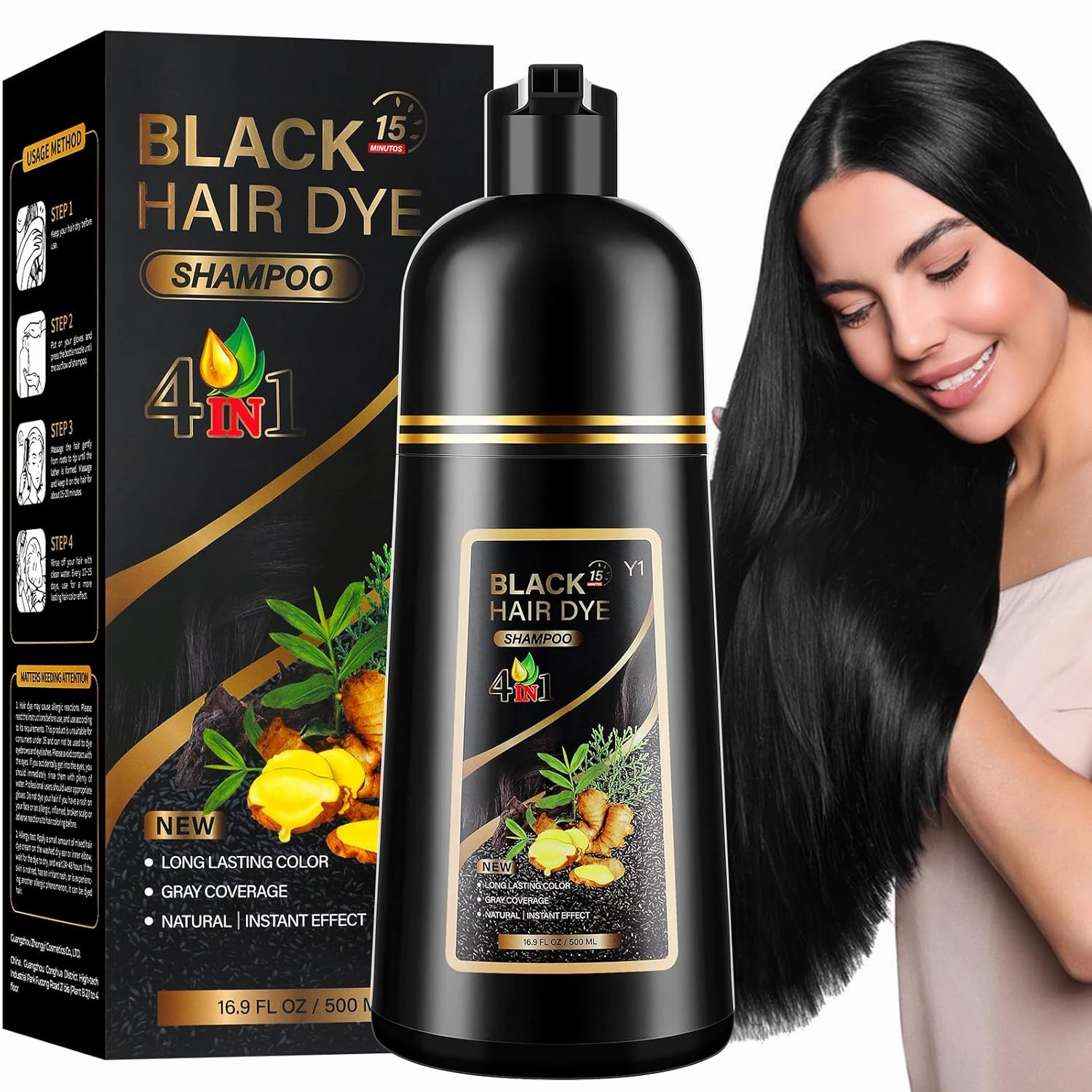 Black Hair Dye Shampoo Hair Color Shampoo for Gray Hair Coverage, 3 In 1 Black Hair Color Shampoo 100% White Coverage Natural Herbal Instant Hair Dye for Men and Women (500mL,17.6 Fl Oz)
