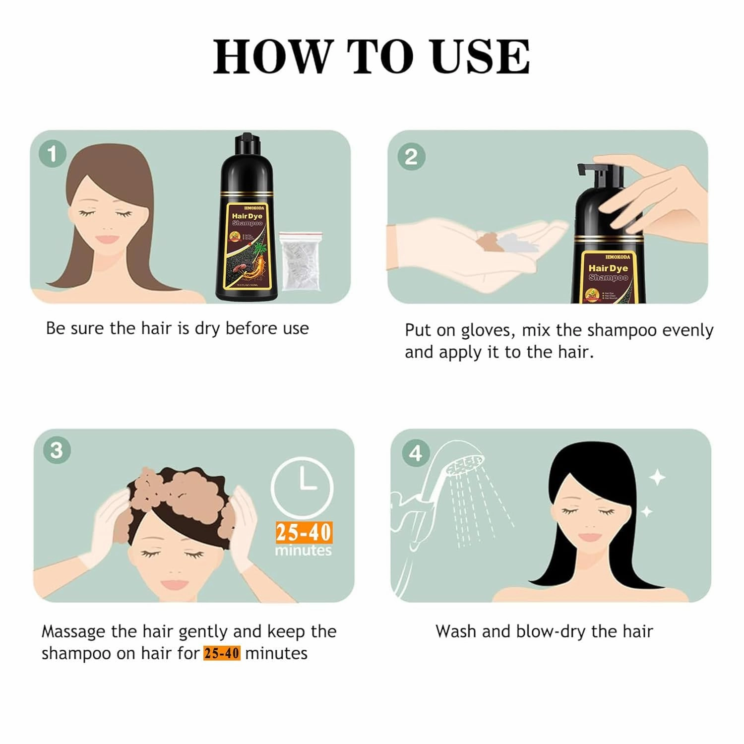Black Long-Lasting & Natural Hair Color Shampoo - 3 in 1 for Gray Coverage, Instant Effect in Minutes for Men & Women, 16.9 Fl Oz