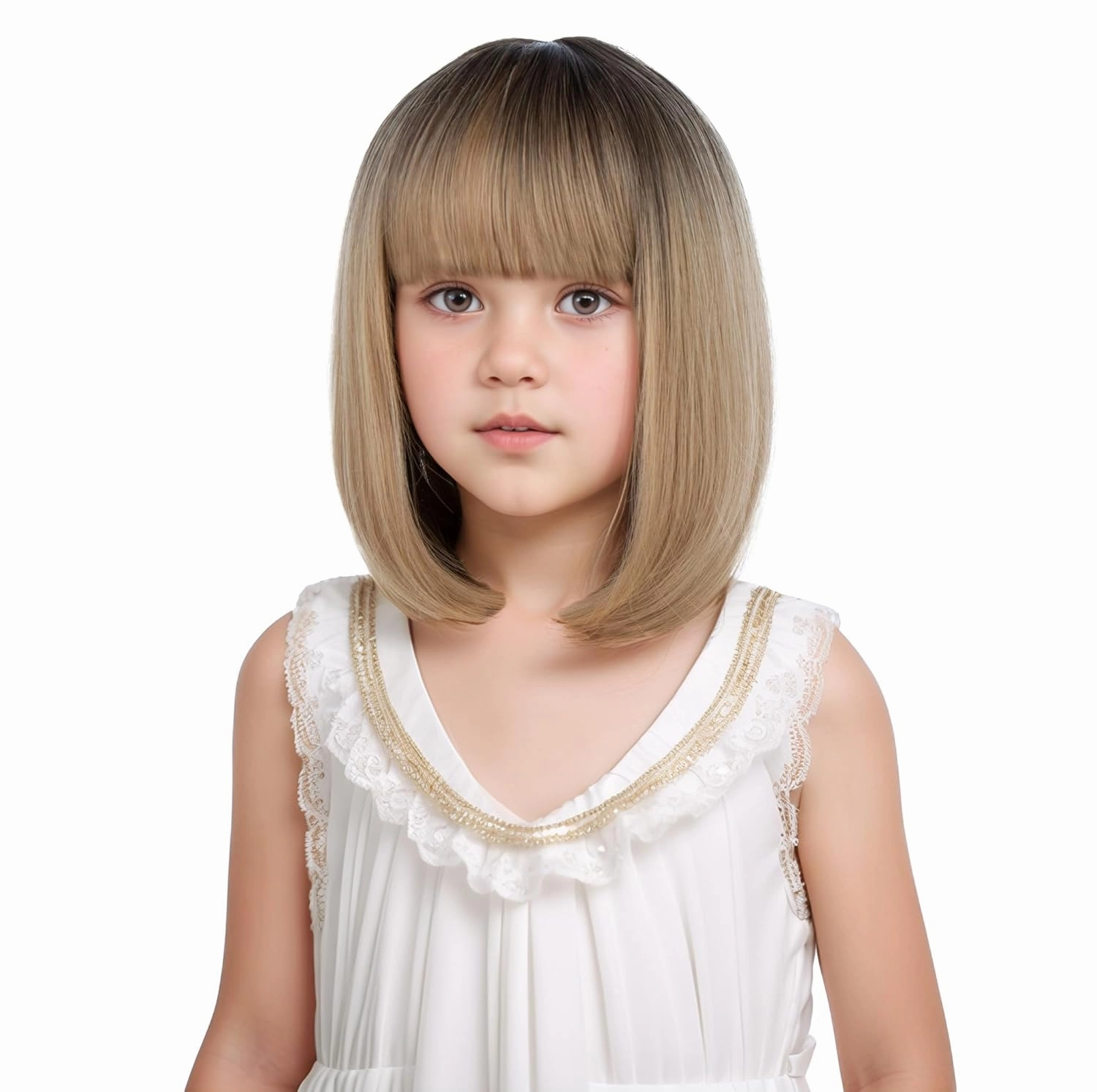 Black Ombre Blonde Bob Wig for Kids Child Short Ombre Blonde Straight Wig Girls Bob Wigs with Bangs Heat Resistant Synthetic Hair with Cap